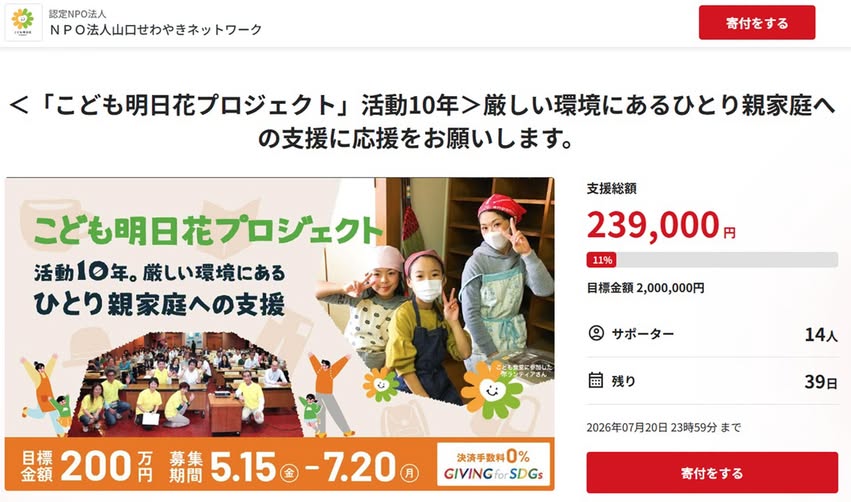 画像：[「こども明日花プロジェクト」活動10年、ひとり親家庭への食支援のためのクラウドファンディング実施中！]